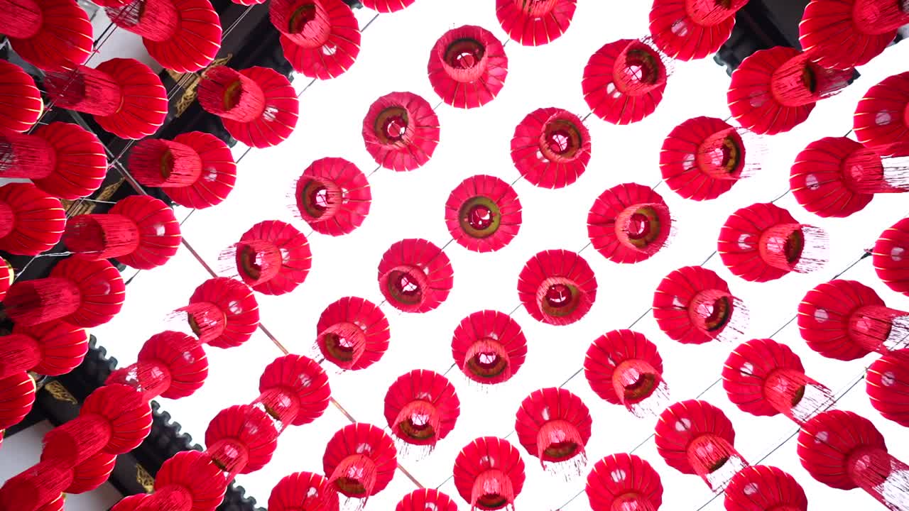 Low angle orbit around an open roof covered in red lanterns at City God Temple, Chenghuangmiao. Shanghai, China