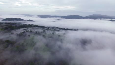 Bosque-Denso-Envuelto-En-Densa-Niebla-Y-Nubes,-Vista-A-La-Montaña-Al-Amanecer,-Video-De-Atmósfera-Tropical