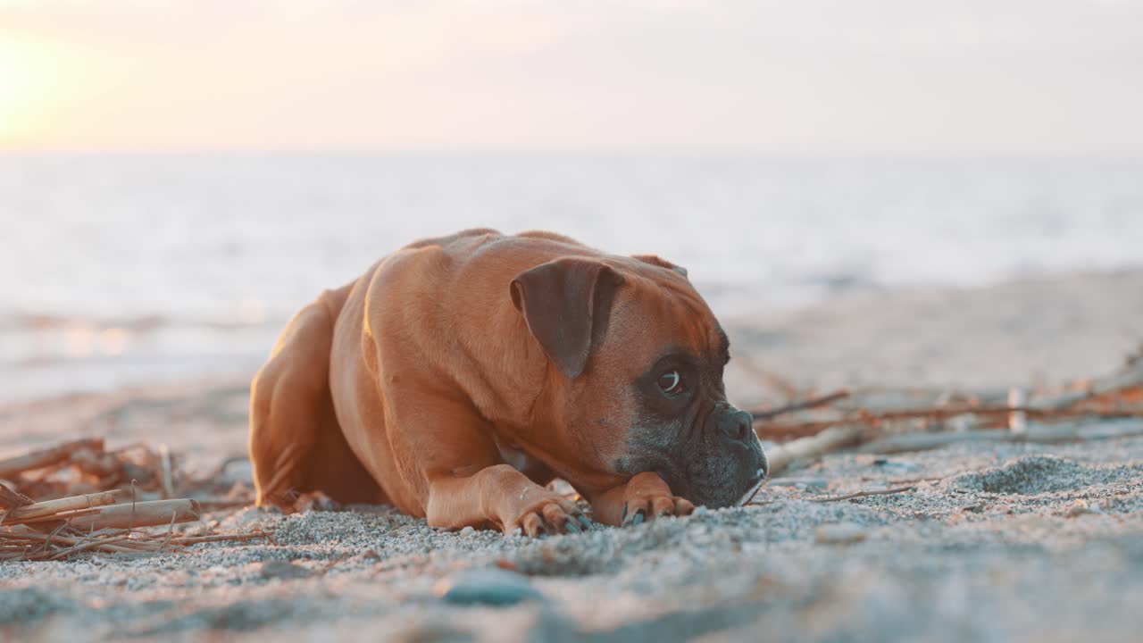 Boxer dog relaxing on the beach at sunset
