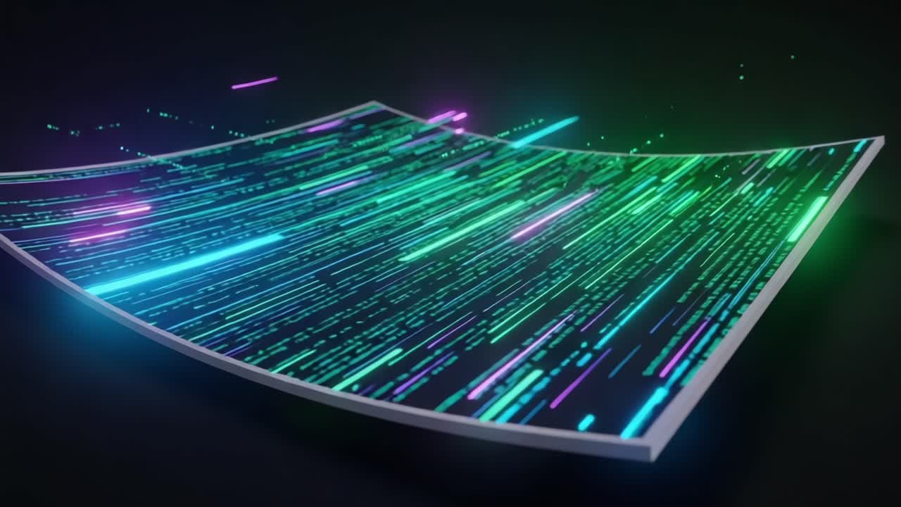 Vibrant Data Streaming Visualization: An Artistic Representation of Colorful Lines and Patterns Conveying Information Flowing from a Curved Surface