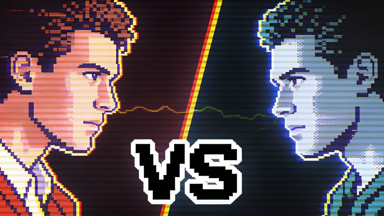 Arco scintillante tra le teste, due rivali in pixel art in giacca che si preparano allo scontro in una sala giochi retrò, VS.