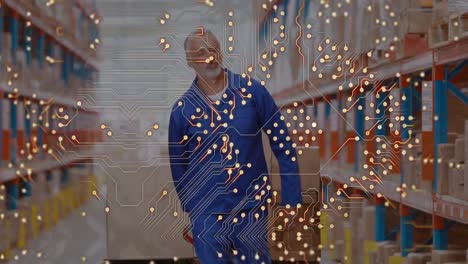 animación de la red de conexiones sobre un trabajador caucásico en un almacén