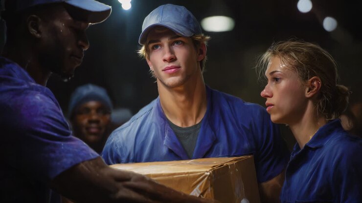 In a dimly lit warehouse, a group of focused young workers collaborates to handle a large cardboard box, showcasing teamwork and determination in a challenging environment that builds camaraderie and responsibility