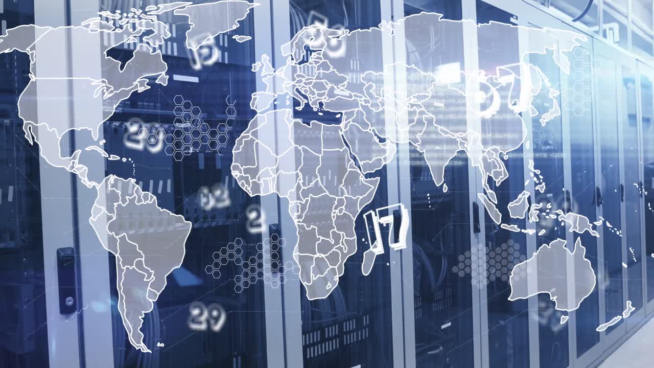 세계 지도의 애니메이션과 컴퓨터 서버를 통한 데이터 처리