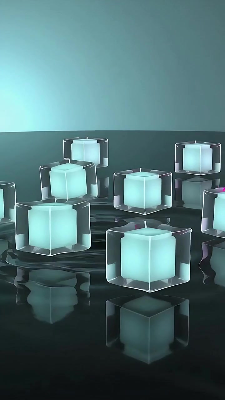 Vertical video: Shifting color sparking glass cubes detaching, falling onto dark pool