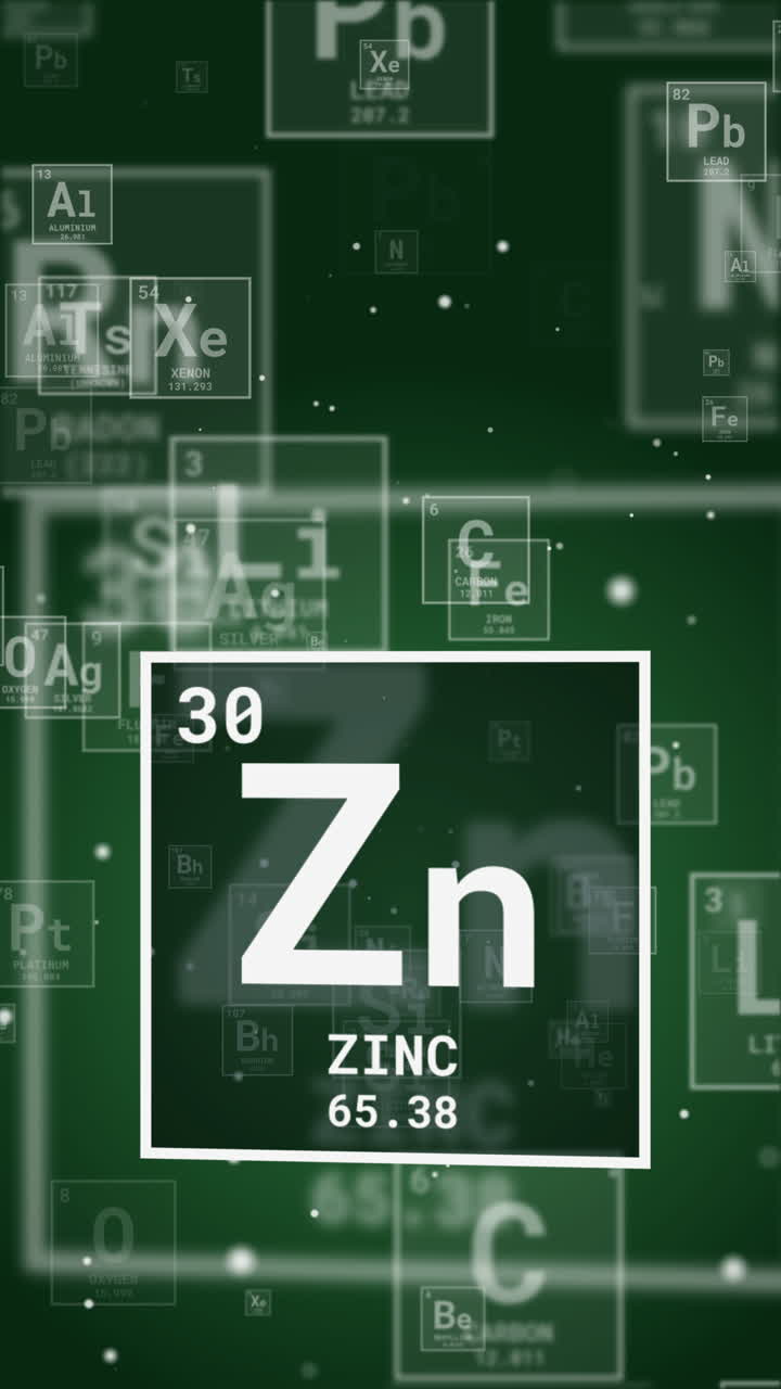 Zinc symbol chemical element of the periodic table. 3D loop animation icon on green background. Vertical video.