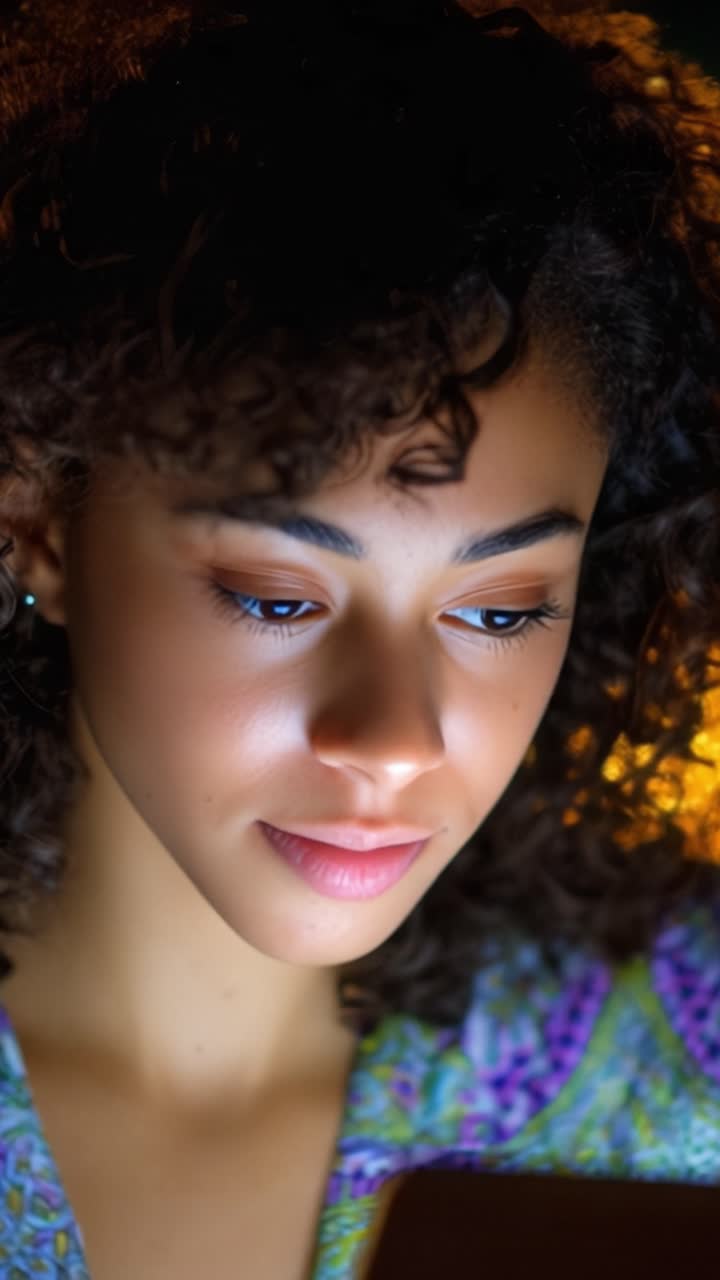 A close-up portrait of a woman with curly hair, focused on her smartphone, showcasing a moment of digital engagement and emotional expression in an intimate setting