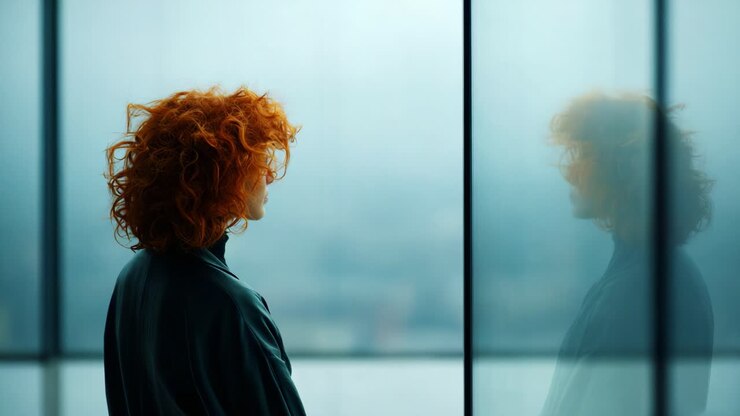 Un individuo contemplativo con capelli ricci e vivaci guarda pensieroso fuori dalla finestra, creando un'atmosfera introspettiva unita a tenui riflessi e uno sfondo etereo