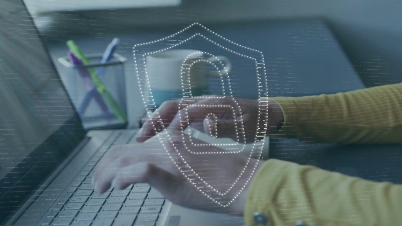 Woman typing keys, causing dot lock shield over hands, lifting mug, using phone securing tech data