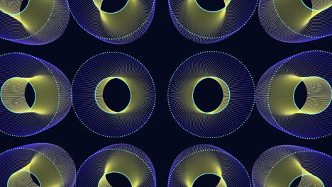 Spiraling-circular-shapes-in-yellow-and-blue-lines-on-black-background