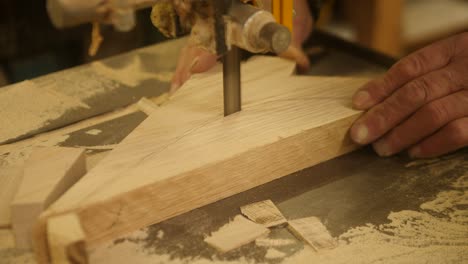 Cutting Oak Wood Knee Component on Band Saw in Workshop, Woodworking