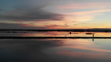 beautiful sunset over the rice field covered with water. perfectly smooth surface of water in albufera national park, valencia spain. man walking on the path from right to left