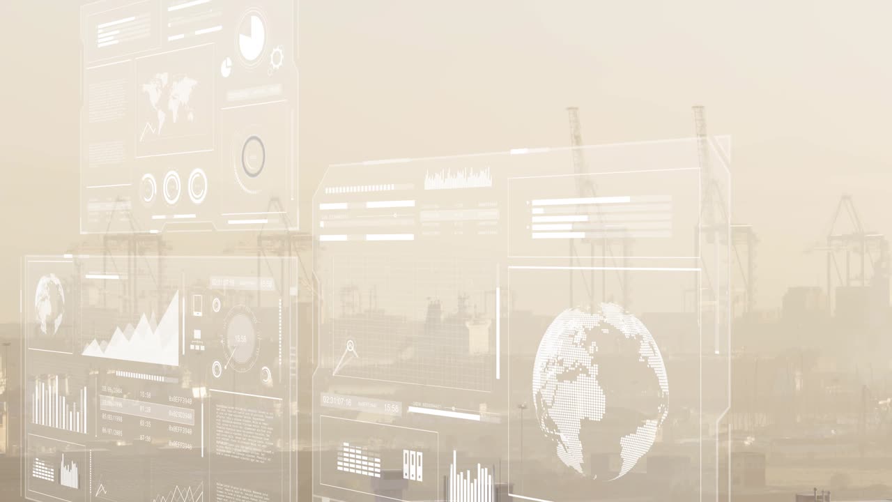 On data update dashboard emerging over port, panels pulsing, charts updating to track cargo