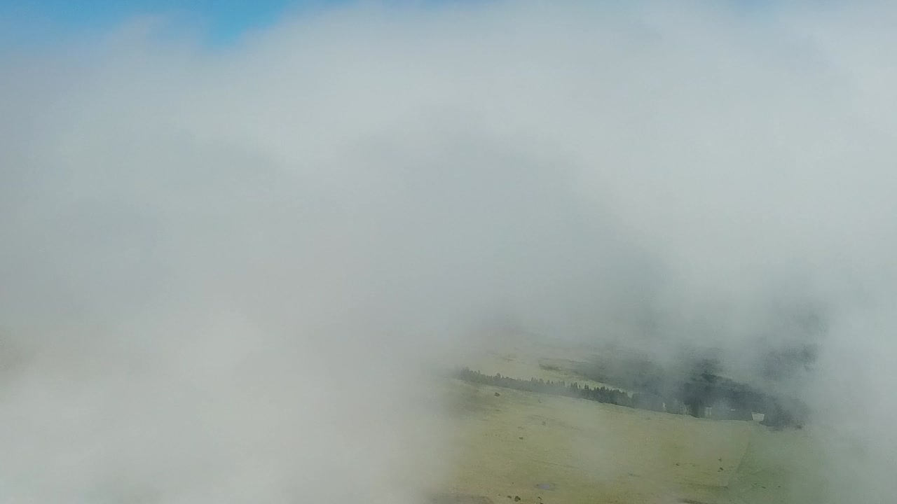Low-lying fog blankets a lush green hillside, with brief openings revealing tree lines and terrain beneath the clouds in a dramatic weather scene.
