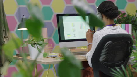 young-mixed-race-business-woman-using-computer-reading-online-working-on-project--enjoying-relaxing-lucn-break-eating-food-listening-to-music-in-colorful-startup-office-workplace