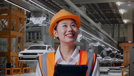 close up de ingeniera asiática con casco de seguridad mirando la tableta en su mano y mirando a su alrededor mientras estaba de pie en la fábrica de automóviles ev