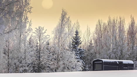 Tiro-De-Lapso-De-Tiempo-De-Una-Casa-De-Cabaña-De-Madera-Termo-A-Lo-Largo-De-Un-Día-De-Invierno-Nublado-Y-Nevado