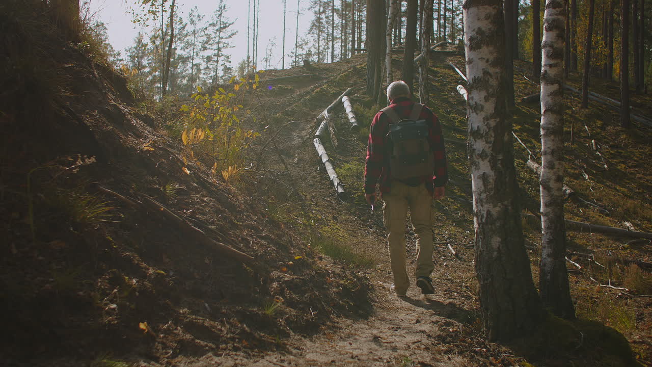 el tranquilo paseo de un pescador en el bosque en una mañana soleada el hombre con la vara y la mochila está caminando lentamente entre los árboles