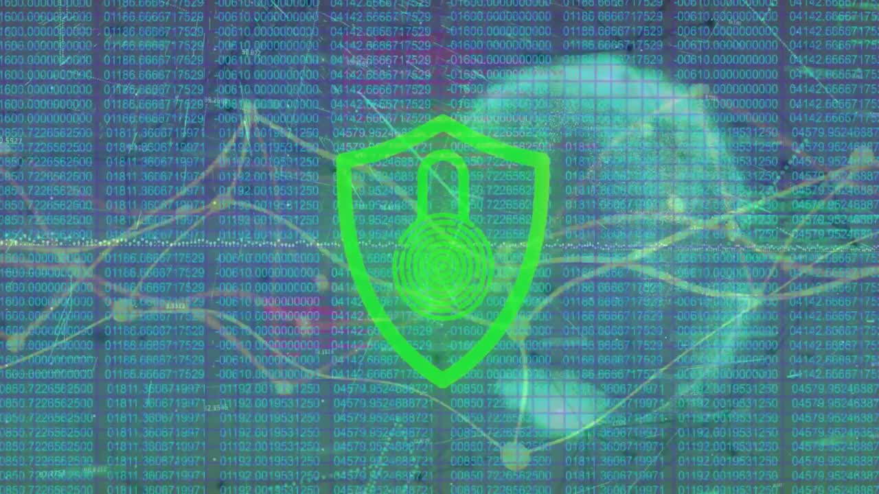 Icono de escudo rojo flotando sobre una cuadrícula y un globo terráqueo en wireframe, mostrando un motivo de huella dactilar y líneas brillantes.