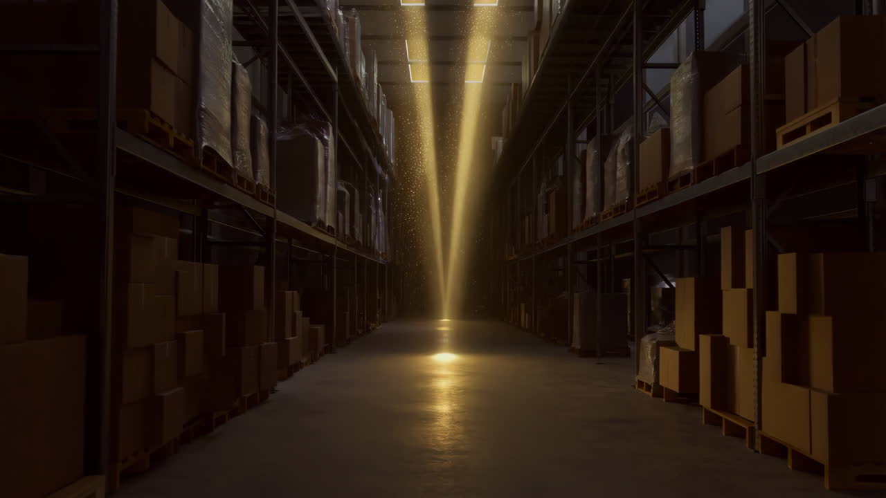 Mystical Golden Light in a Dark Warehouse Aisle