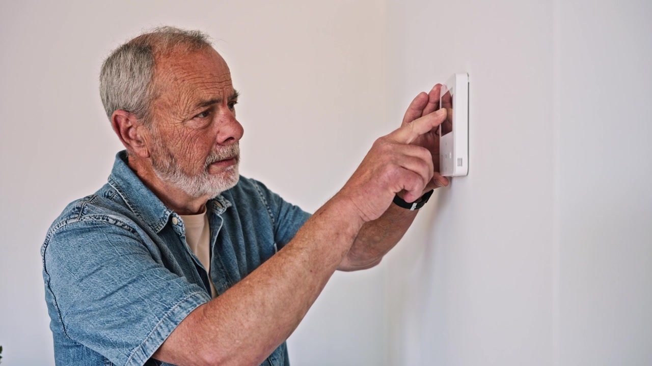 Senior Man Adjusting Smart Home Thermostat on White Wall