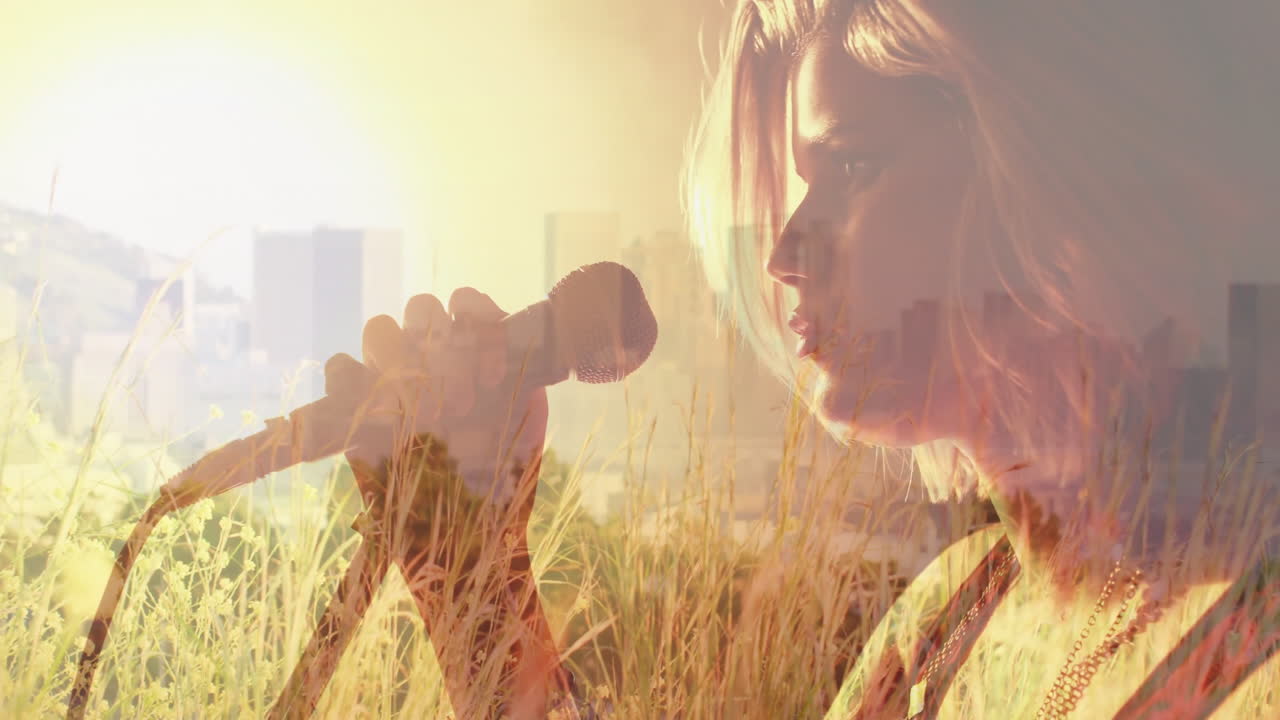 Teenage girl singing into microphone in golden field, showing music marketing graphs and city icons