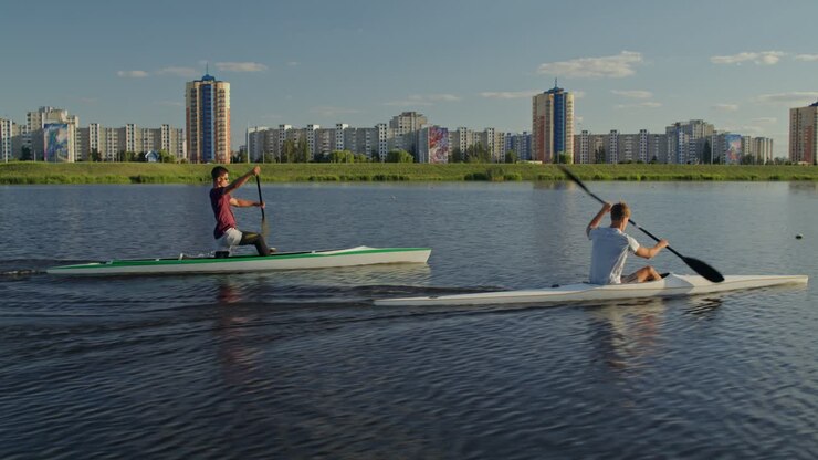 People canoeing on a lake