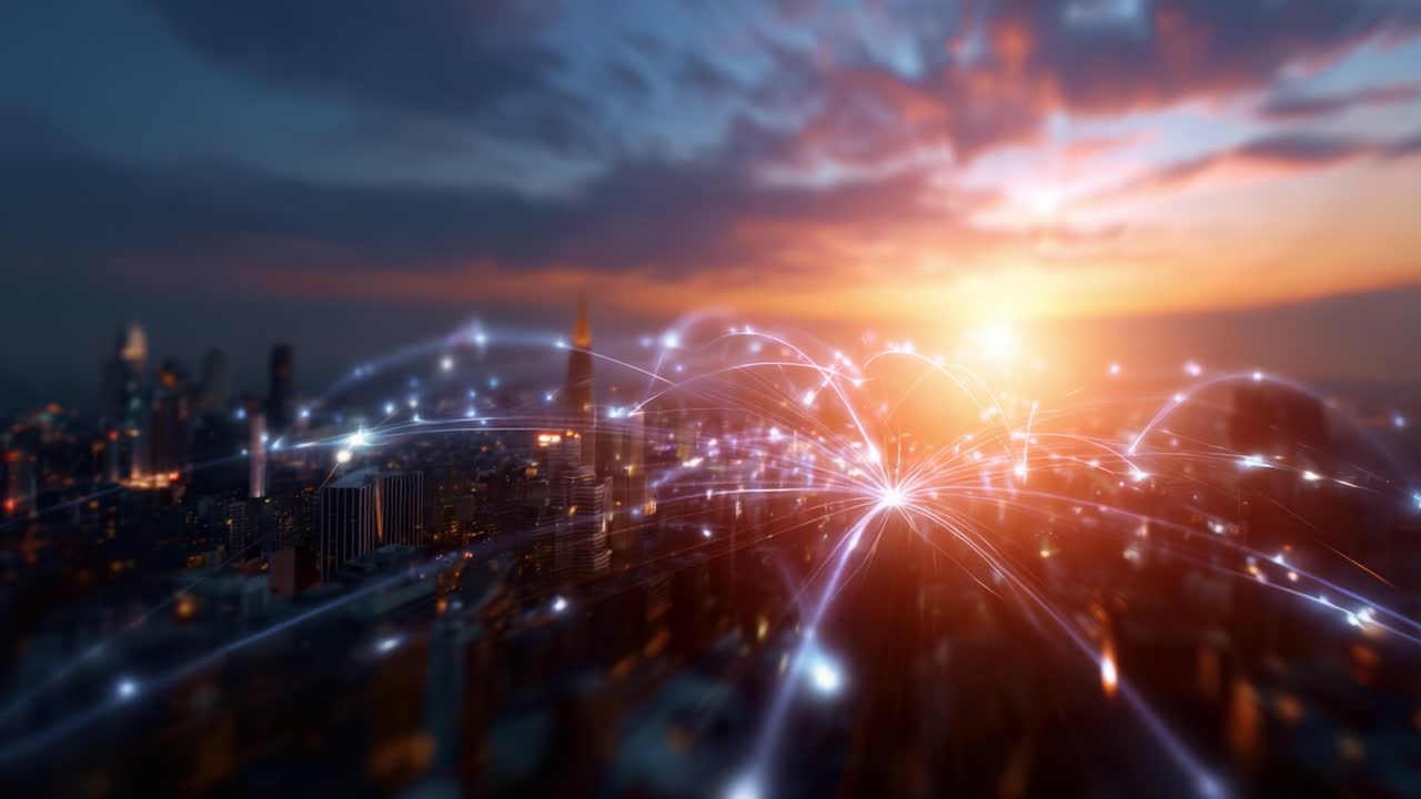 A mesmerizing sunset over a city skyline reveals a web of connections and digital networks, illustrating the fusion of technology and urban life in stunning detail