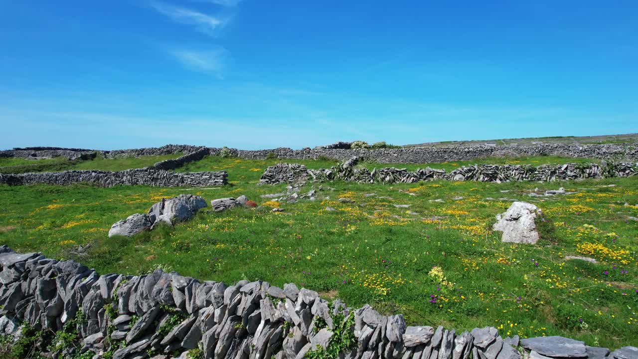 Aran Islands Inisheer drone flying low and slow over walls and farmland Ireland epic Locations
