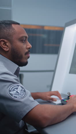 oficial de seguridad del aeropuerto monitoreando imágenes de vigilancia
