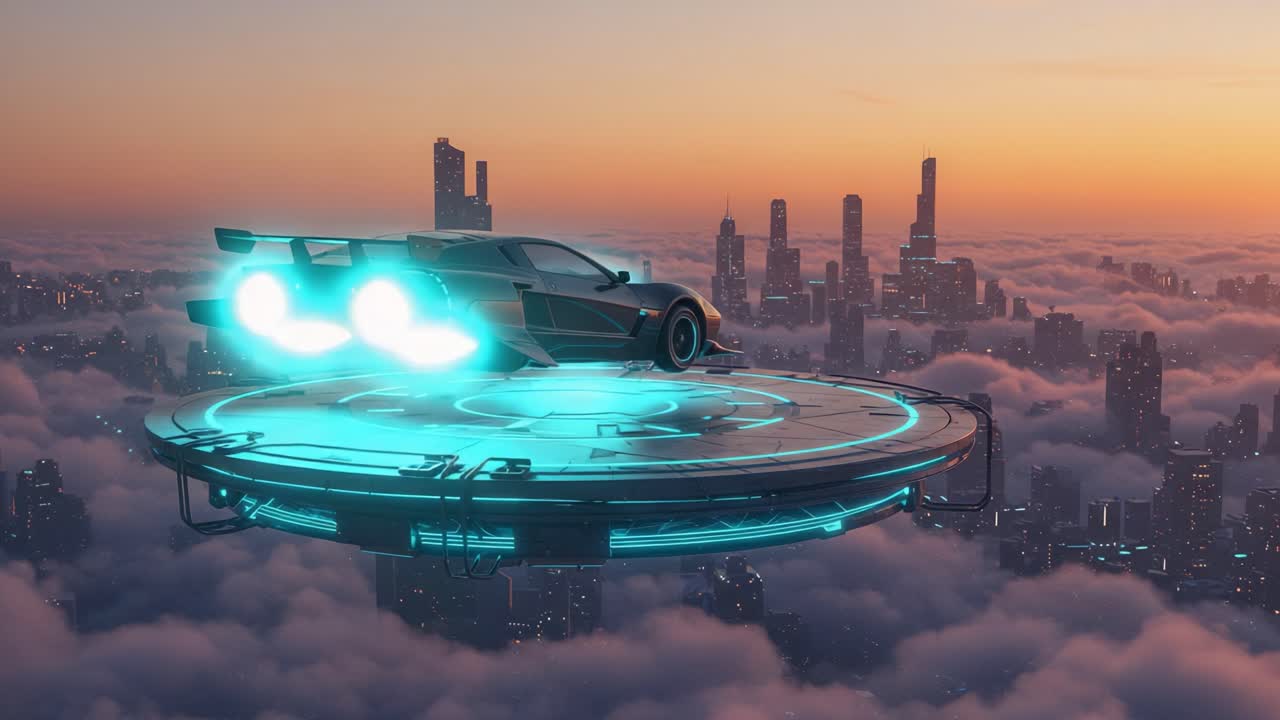 A Futuristic Car Ascends from a Hovering Platform High Above a Sea of Clouds, with a Stunning City Skyline Backdrop at Sunset