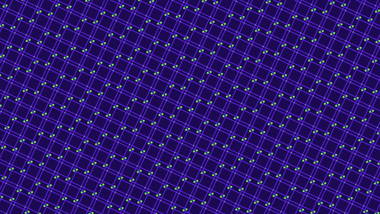 Animated abstract purple neon grid with glowing green nodes and diagonal lines, seamless futuristic tech background for data networks, digital interface, and science visuals