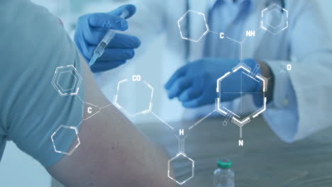 animation of chemical formula over caucasian male doctor with patient taking vaccine