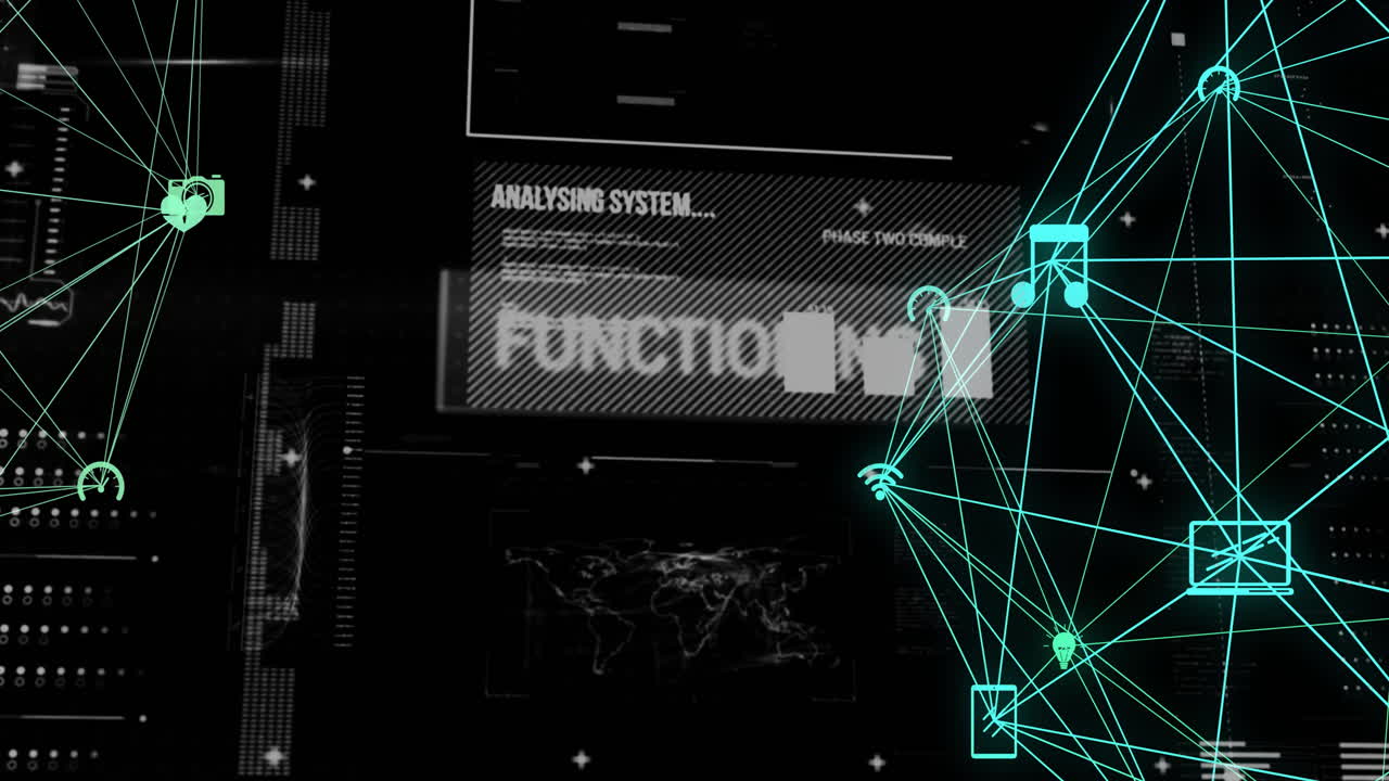 Animation of digital data processing and globes with connections over black background