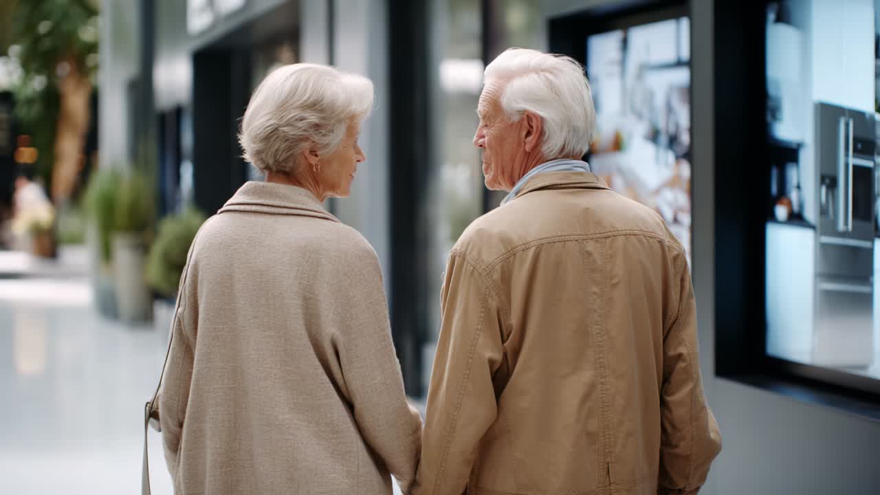 A Tender Moment: An Elderly Couple Enjoying a Stroll Together While Engaging with Interactive Displays in a Modern Marketplace, Capturing the Essence of Love, Companionship, and the Joys of Shared Experiences