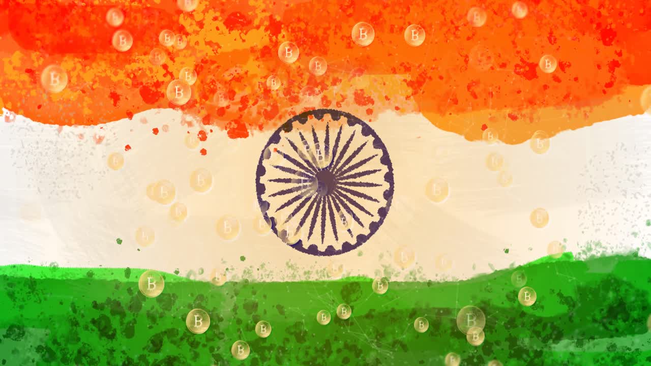 Animazione della bandiera dell'India e di Bitcoin che cadono