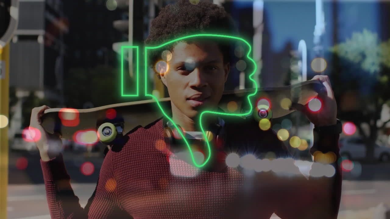 Man holding skateboard in urban street, showcasing marketing with neon thumbs-down and bokeh