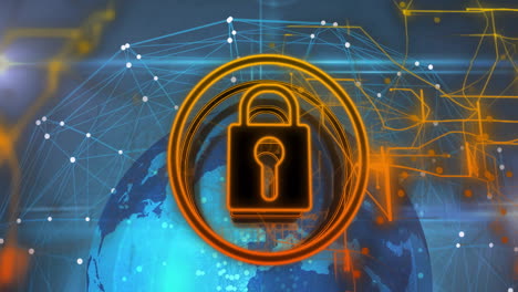 cerradura y animación de seguridad clave sobre red digital y globo