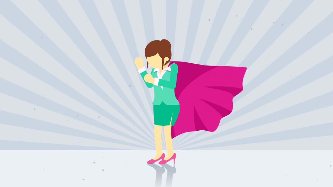 선버스트 배경에 서 있는 슈퍼히어로,   배경, 비즈니스 우먼 컨셉, 코 루프 애니메이션