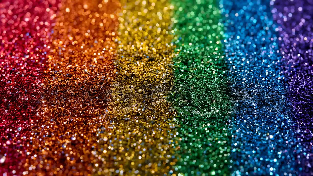 Shifting camera, tilting light revealing rainbow glitter bands on tabletop, making bright sparkles