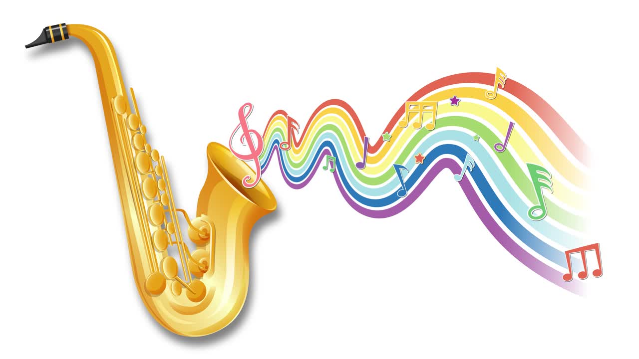 A vibrant animation of a saxophone emitting colorful waves and musical notes, creating a lively and dynamic visual experience