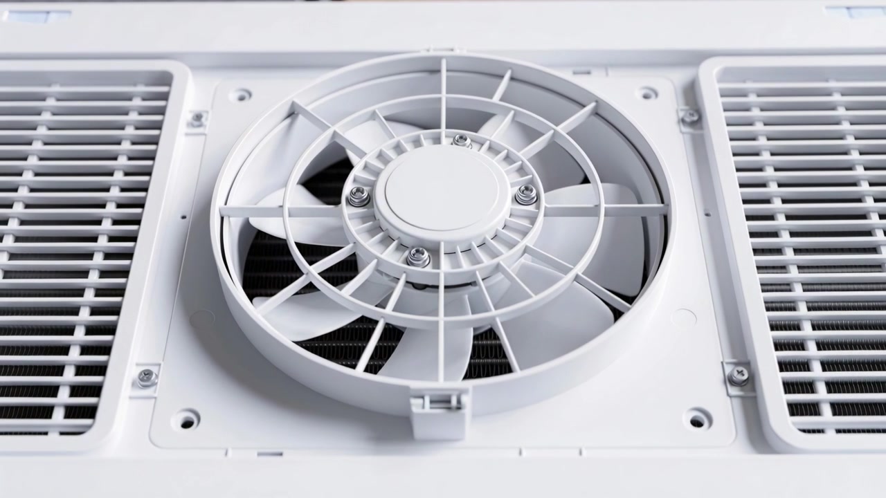 Rotating ceiling fan moving clockwise in ceiling panel on power, circulating air with grille