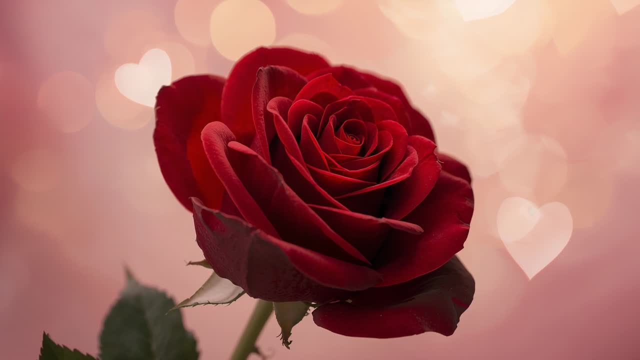 Zoom della camera che avvicina un bocciolo di rosa rosso intenso in studio, con bokeh a cuore che rivela una spirale