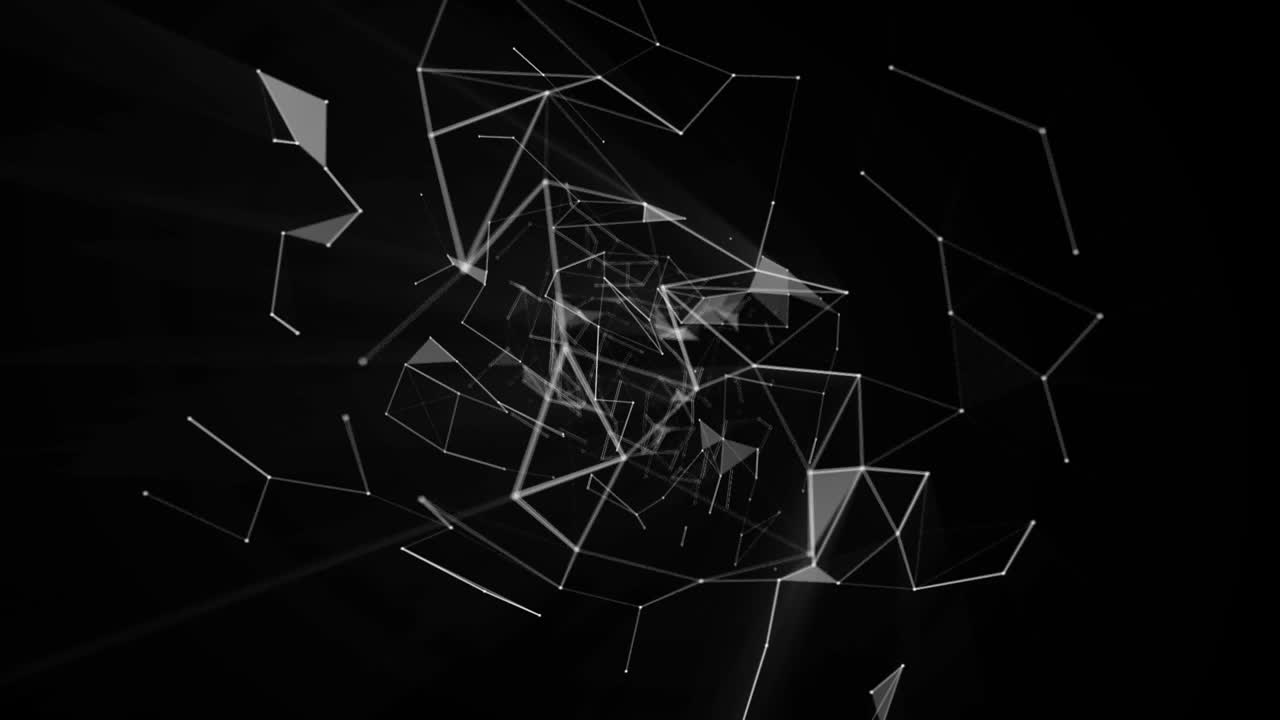 Abstract animation of a complex, slowly rotating white and grey plexus structure on black. Futuristic, data visualization, technology background