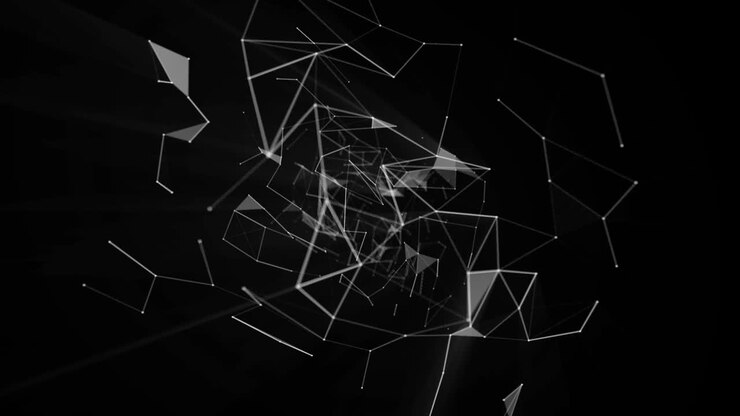 Abstract animation of a complex, slowly rotating white and grey plexus structure on black. Futuristic, data visualization, technology background
