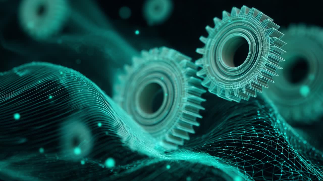 Two prominent wireframe gears floating and rotating slowly above a glowing green digital landscape, with other gears blurred in the background, representing futuristic technology and engineering