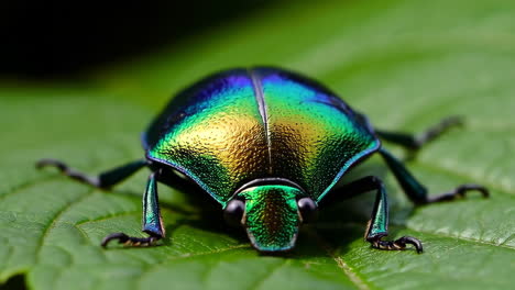 close-up of an iridescent beetle on a green leaf