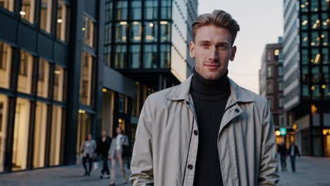 stylish businessman wearing turtleneck and light jacket standing confidently on modern urban street, exuding professional elegance while looking directly at camera with self assured expression