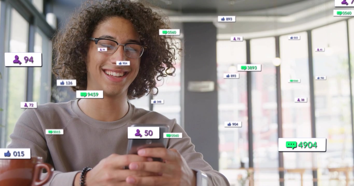 Man scrolling phone tracking marketing engagement as alerts rising around head and phone smiling