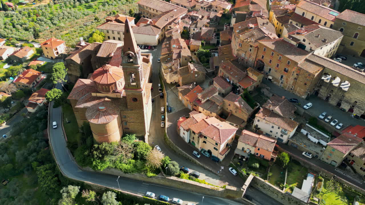 Aerial drone view of the Cassero Tower in Castiglion Fiorentino, Tuscany, Italy